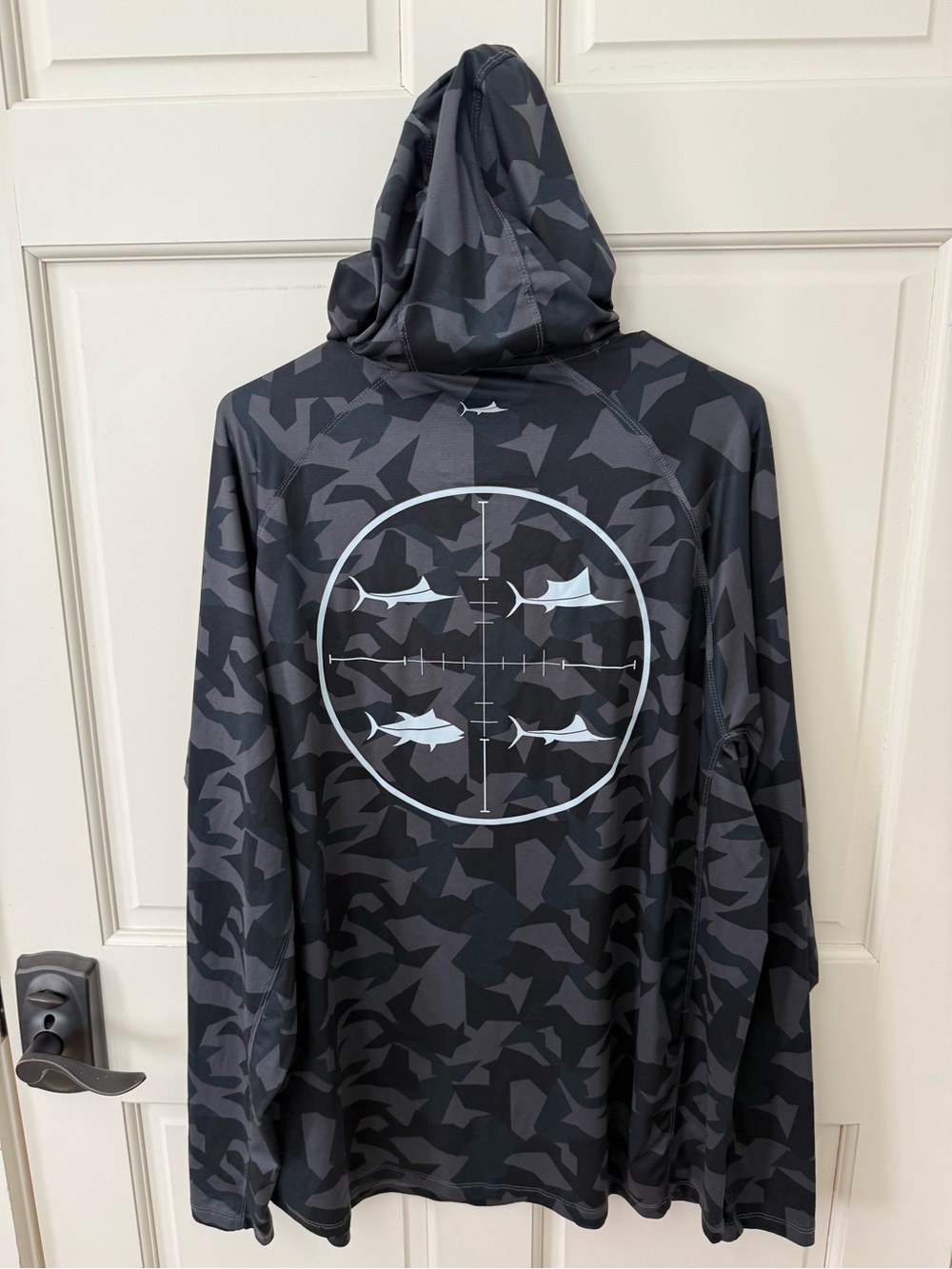 Men's Black Camo Hooded fishing Shirt with species Target Graphic